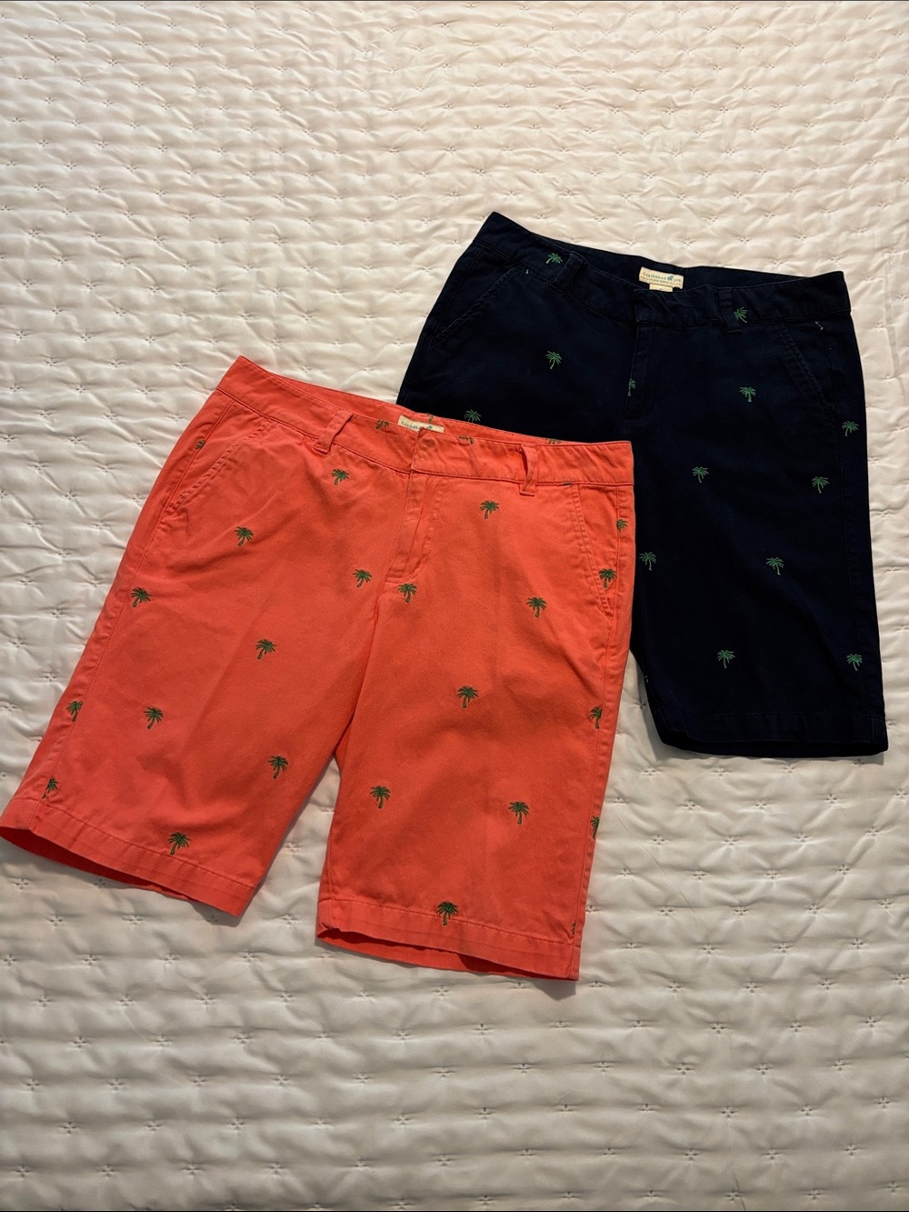 Caribbean Joe Ladies 2/pr Coral and Navy Palm-Embroidered Bermuda Shorts